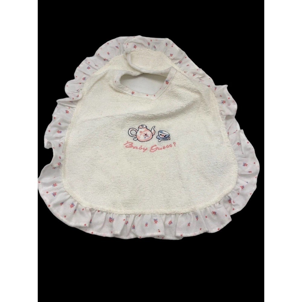 Vtg Baby Guess Bib White Ruffle Stitched Tea Pot Tea Cup Girls Pink Embroidered